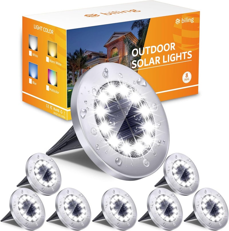 Biling Solar Ground Lights Outdoor 8 Packs, 12 LEDs Bright Flat Solar Lights Outdoor Waterproof Solar Powered for Yard Walkway Garden Driveway (White) - Image 1
